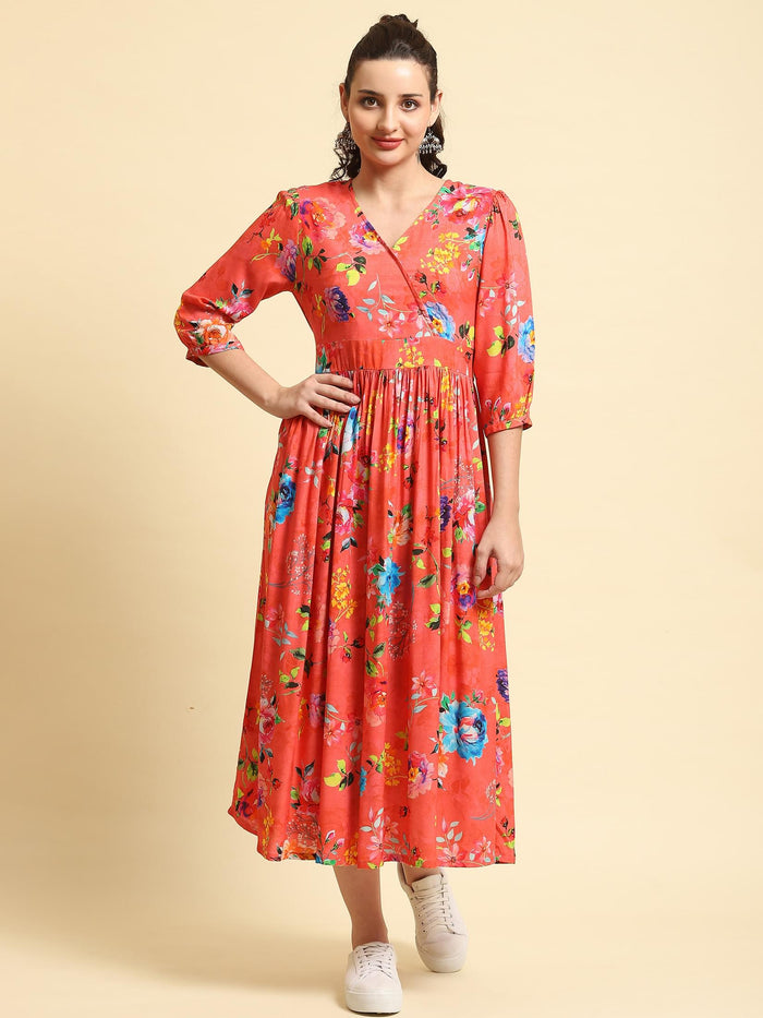 Women Pink V-Neck Dress.
