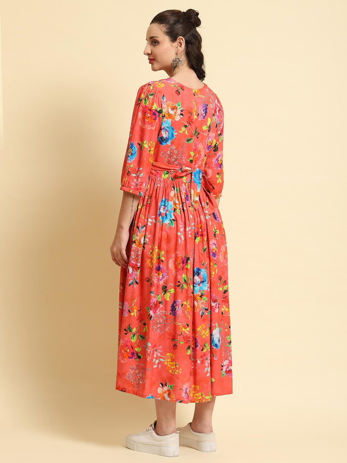Women Pink V-Neck Dress.