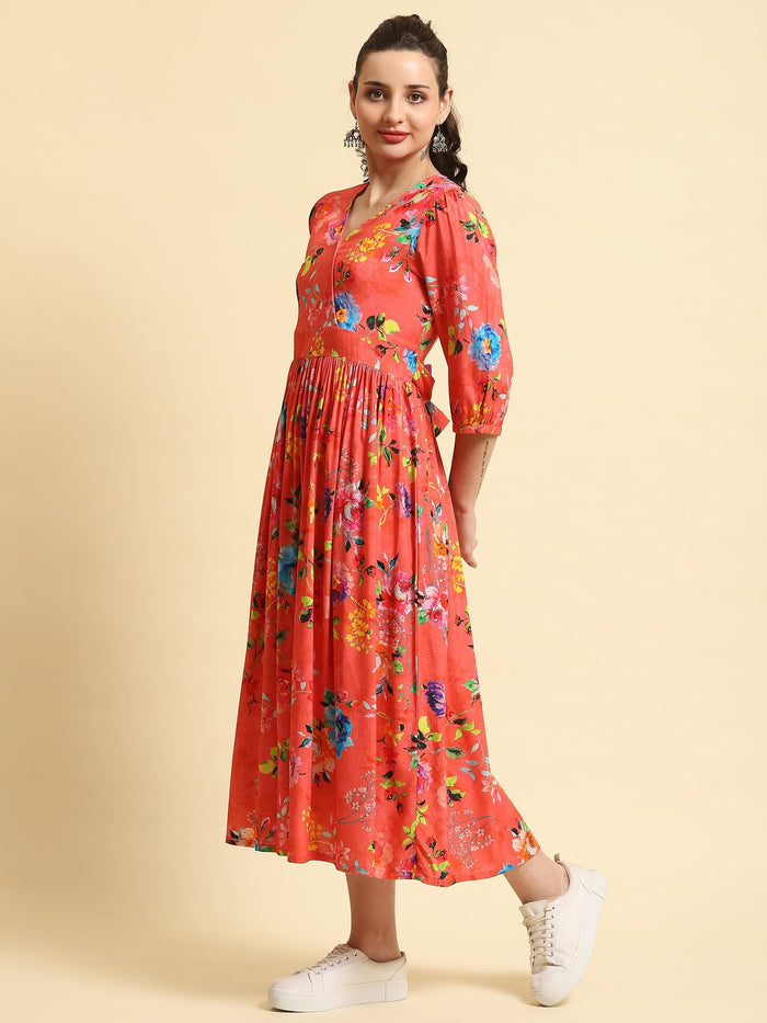 Women Pink V-Neck Dress.