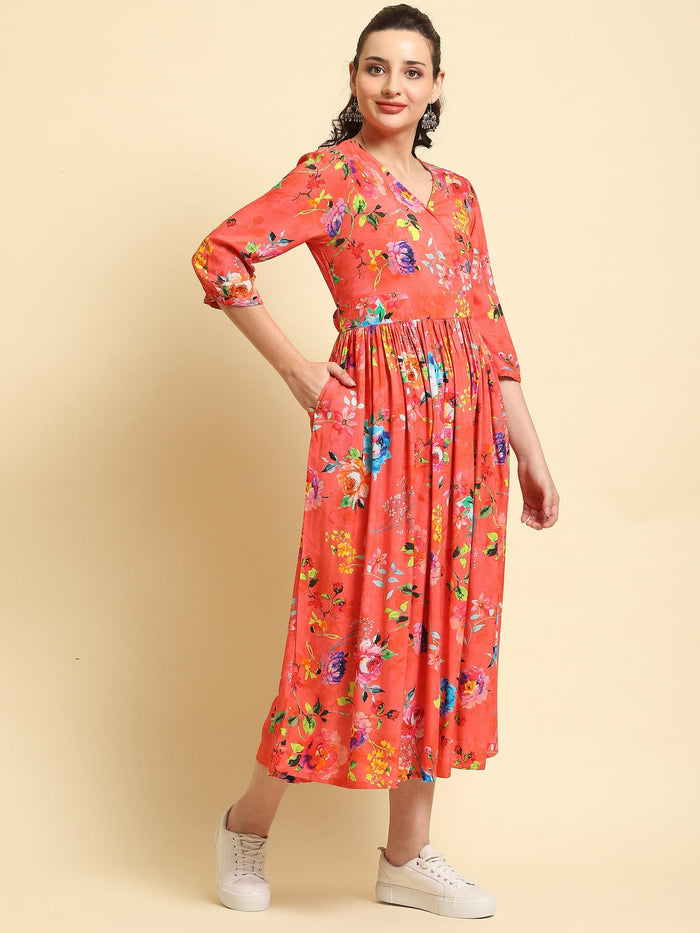 Women Pink V-Neck Dress.