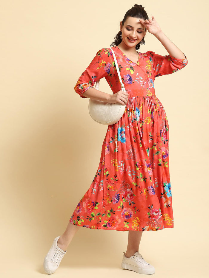 Women Pink V-Neck Dress.