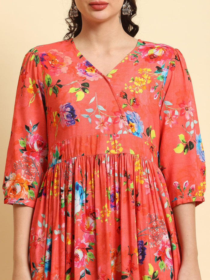 Women Pink V-Neck Dress.