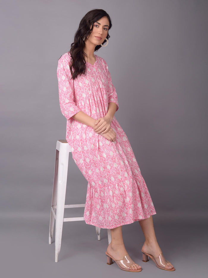 Women Pink V-Neck Printed Dress.