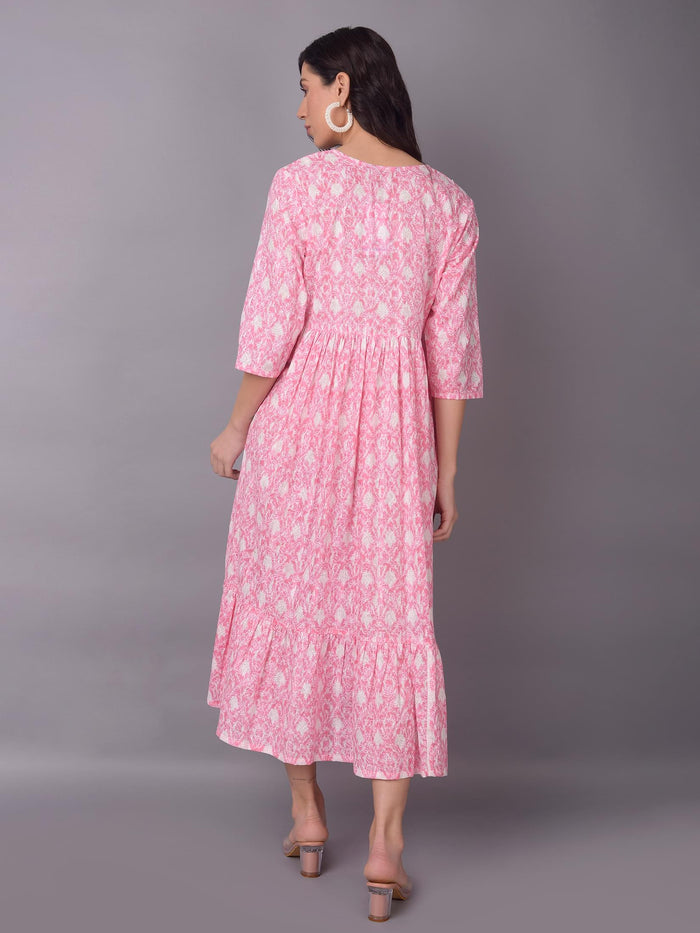 Women Pink V-Neck Printed Dress.