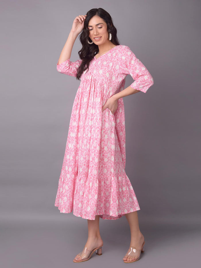 Women Pink V-Neck Printed Dress.