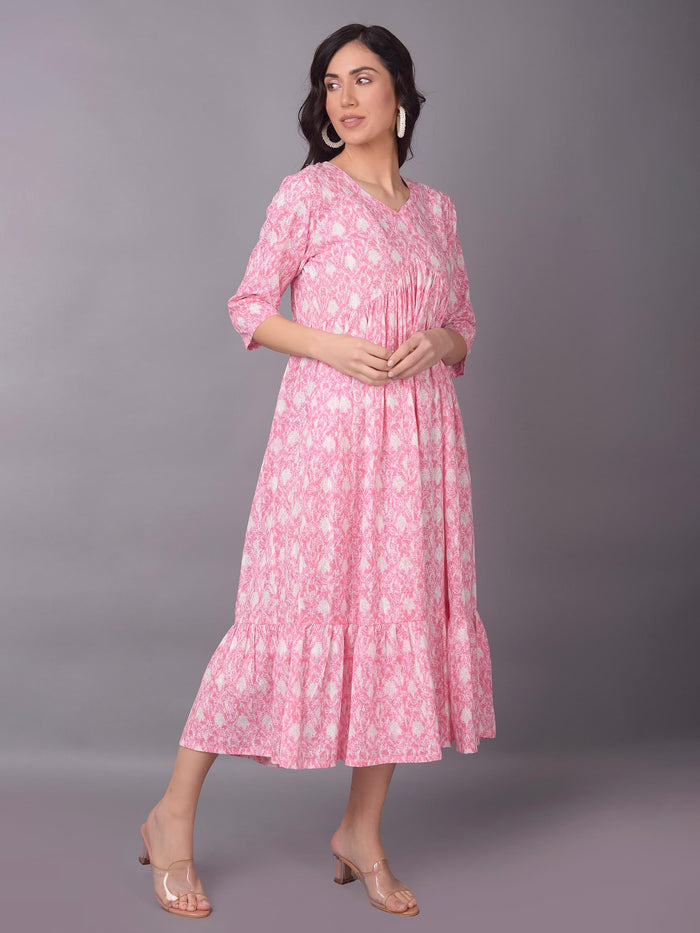 Women Pink V-Neck Printed Dress.