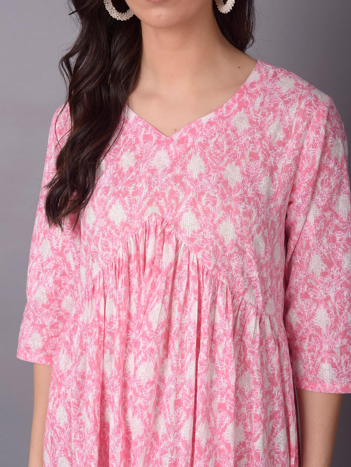 Women Pink V-Neck Printed Dress.