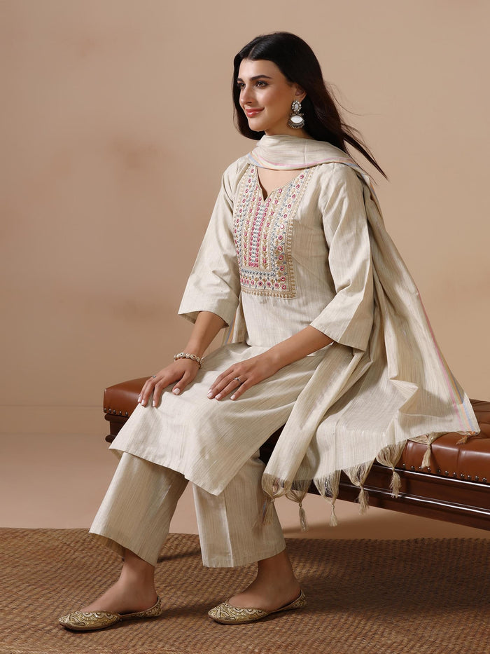 Women Poly Cotton Beige Embroidered Kurta Comfort Pant Dupatta.