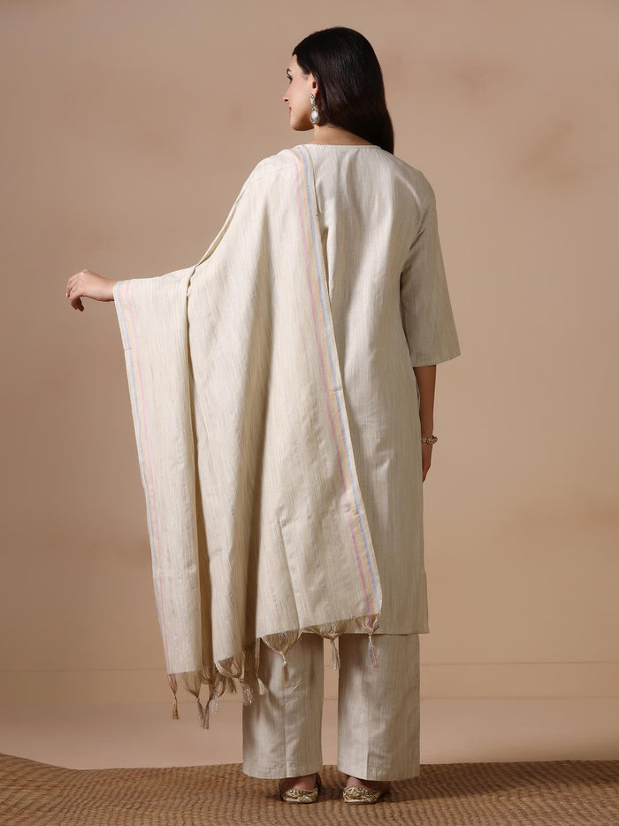 Women Poly Cotton Beige Embroidered Kurta Comfort Pant Dupatta.