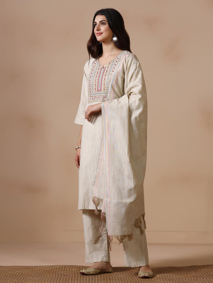 Women Poly Cotton Beige Embroidered Kurta Comfort Pant Dupatta.