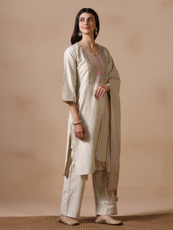 Women Poly Cotton Beige Embroidered Kurta Comfort Pant Dupatta.