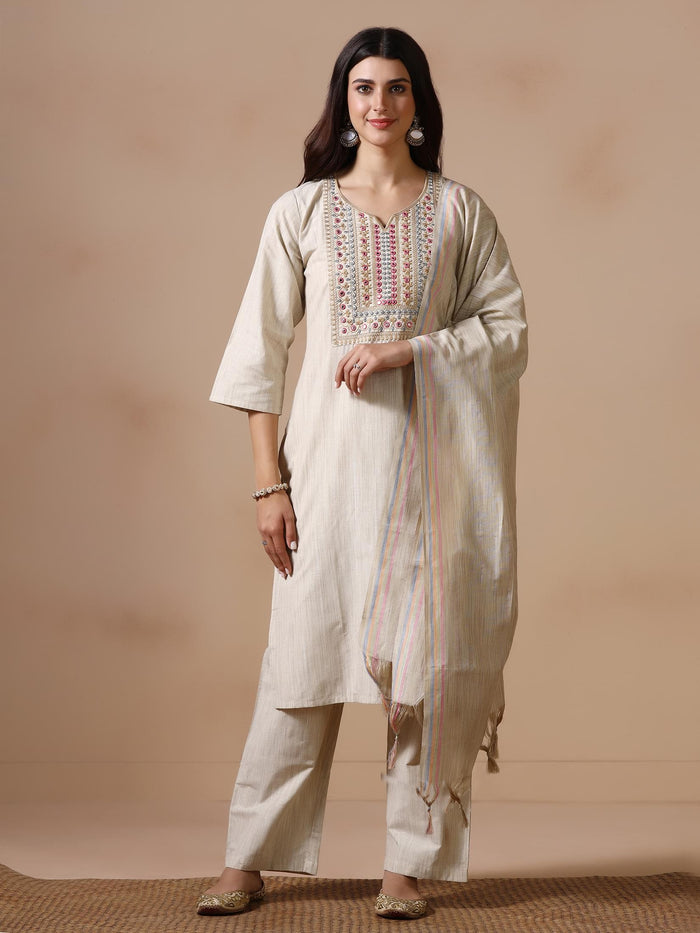 Women Poly Cotton Beige Embroidered Kurta Comfort Pant Dupatta.