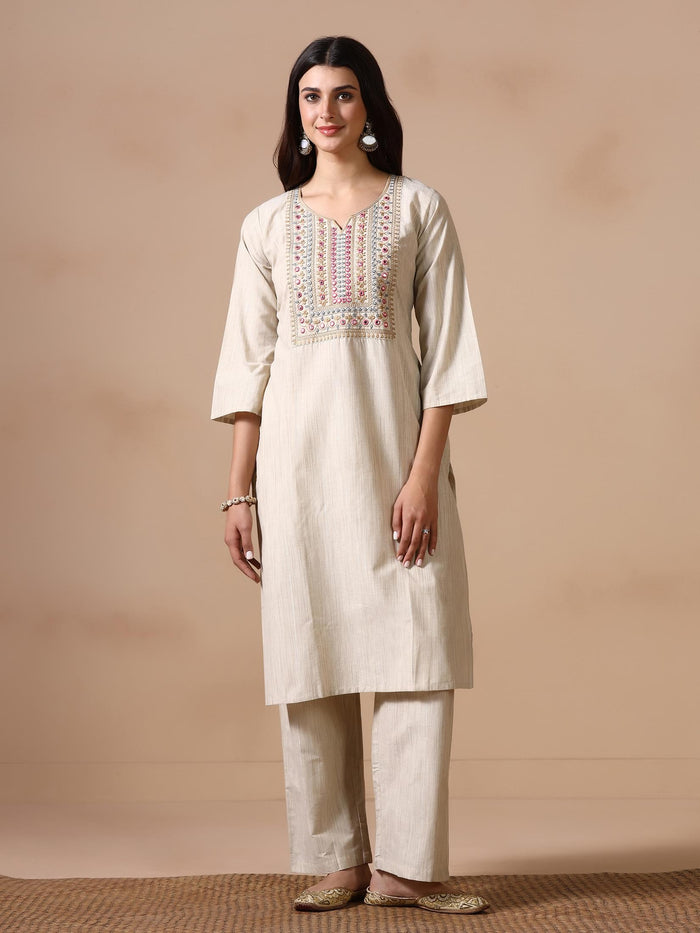 Women Poly Cotton Beige Embroidered Kurta Comfort Pant Dupatta.