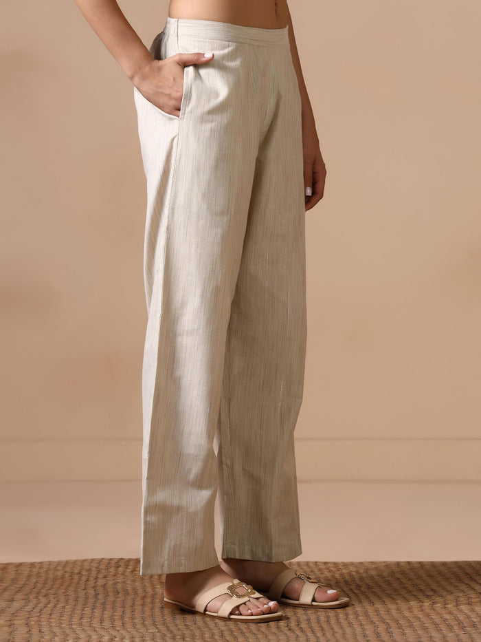 Women Poly Cotton Beige Embroidered Kurta Comfort Pant Dupatta.