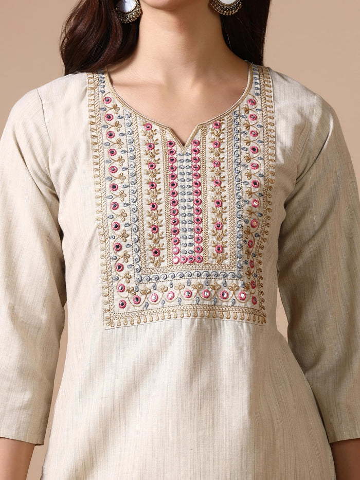 Women Poly Cotton Beige Embroidered Kurta Comfort Pant Dupatta.
