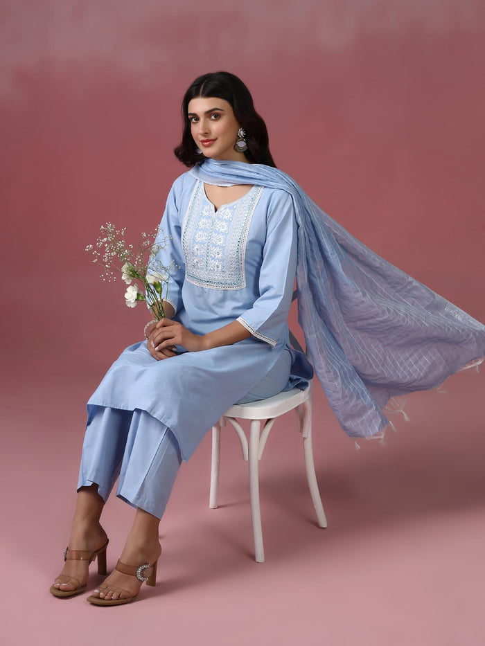 Women Poly Cotton Blue Embroidered Kurta Comfort Pant Dupatta.