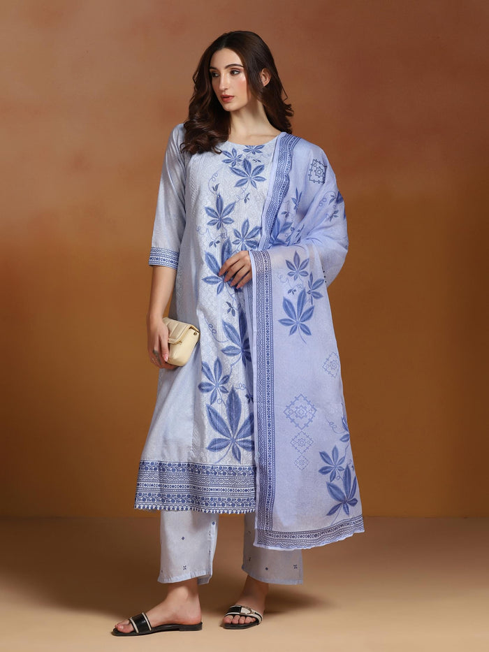 Women Poly Cotton Blue Embroidered Kurta Comfort Pant Dupatta.