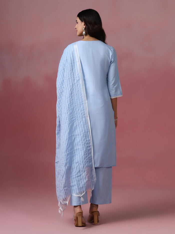 Women Poly Cotton Blue Embroidered Kurta Comfort Pant Dupatta.