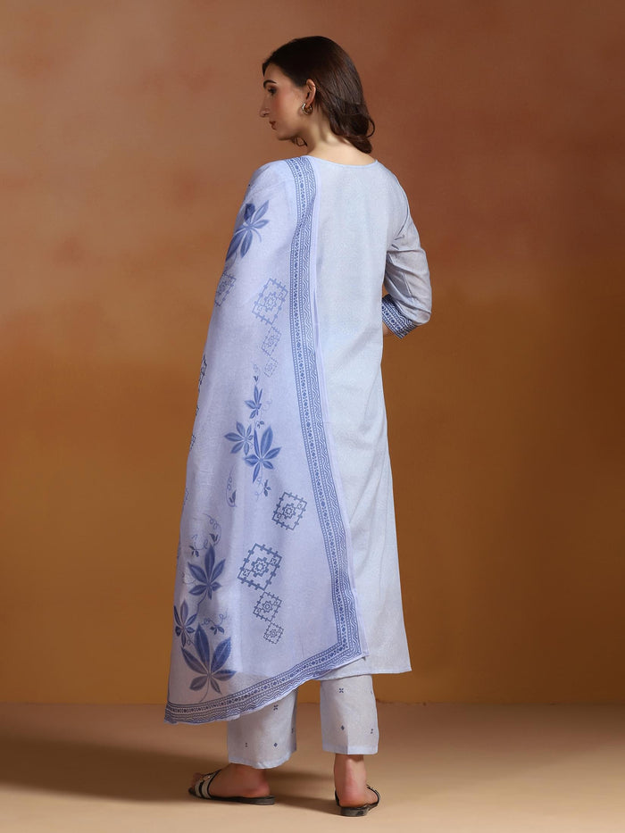 Women Poly Cotton Blue Embroidered Kurta Comfort Pant Dupatta.