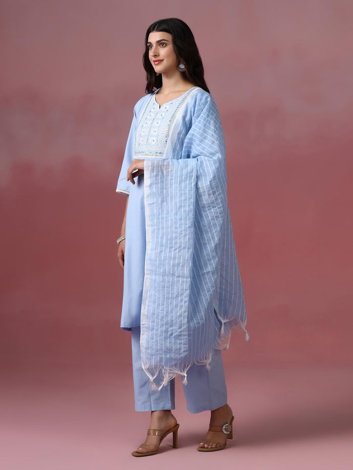 Women Poly Cotton Blue Embroidered Kurta Comfort Pant Dupatta.