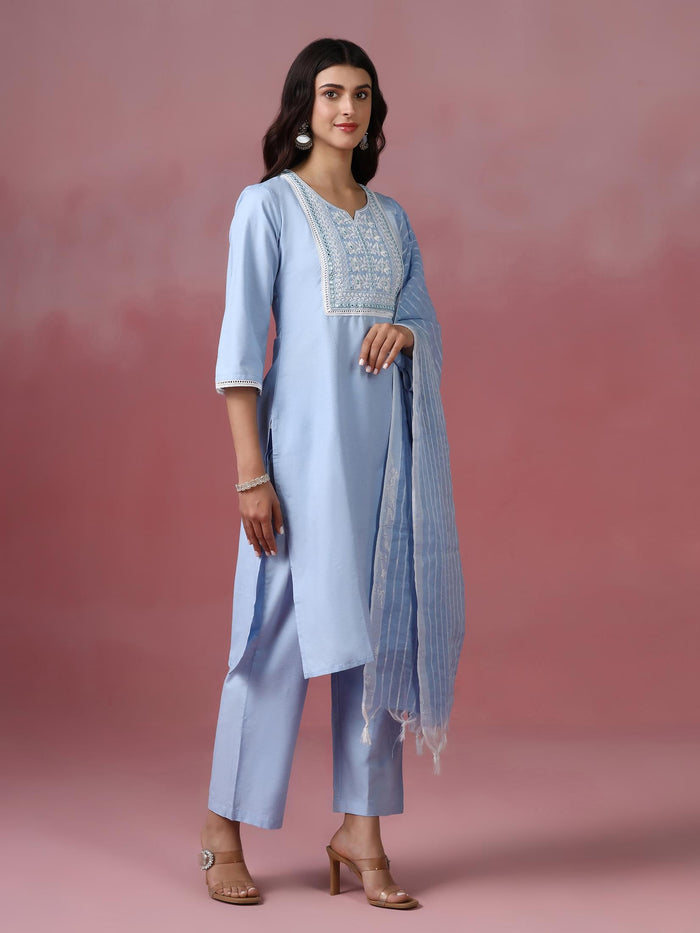 Women Poly Cotton Blue Embroidered Kurta Comfort Pant Dupatta.