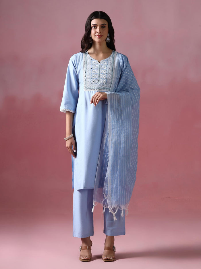 Women Poly Cotton Blue Embroidered Kurta Comfort Pant Dupatta.