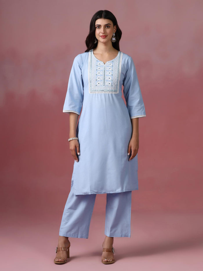 Women Poly Cotton Blue Embroidered Kurta Comfort Pant Dupatta.