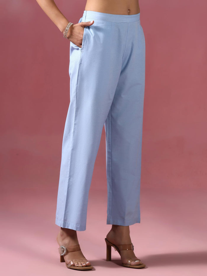 Women Poly Cotton Blue Embroidered Kurta Comfort Pant Dupatta.