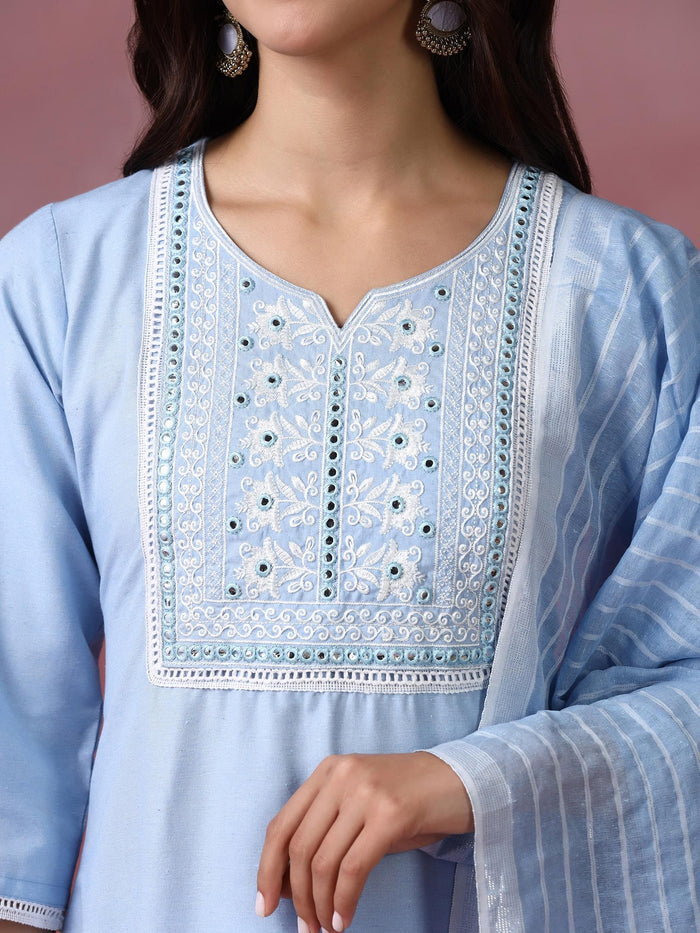 Women Poly Cotton Blue Embroidered Kurta Comfort Pant Dupatta.