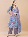 Women Poly Cotton Blue Floral Print Kurta Comfort Pant Dupatta.