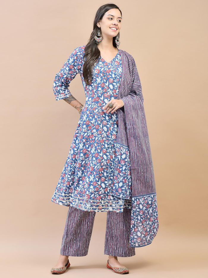 Women Poly Cotton Blue Floral Print Kurta Comfort Pant Dupatta.