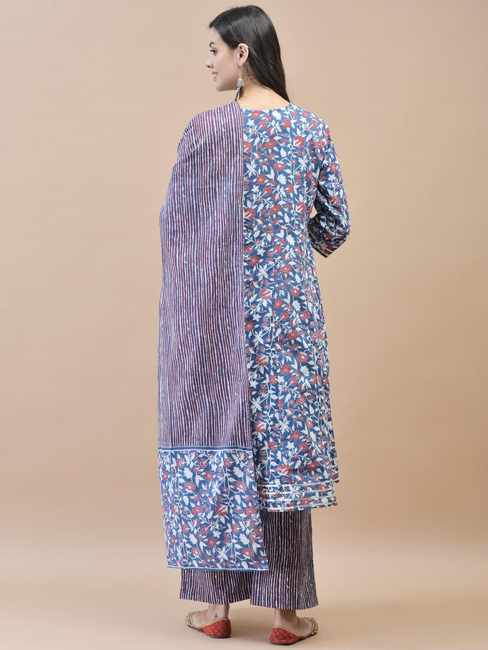 Women Poly Cotton Blue Floral Print Kurta Comfort Pant Dupatta.