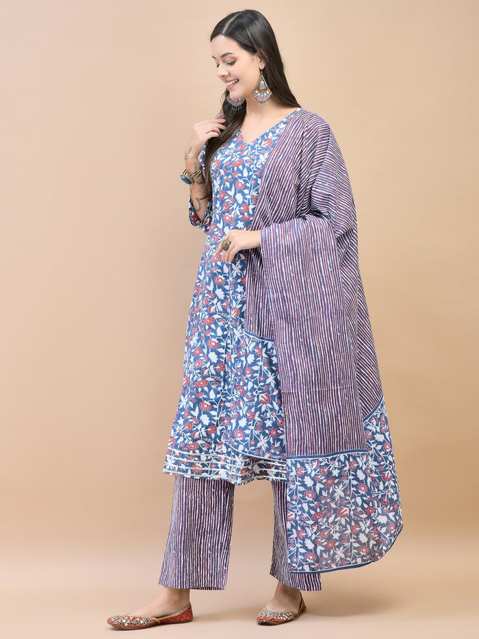 Women Poly Cotton Blue Floral Print Kurta Comfort Pant Dupatta.