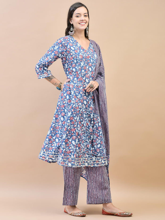 Women Poly Cotton Blue Floral Print Kurta Comfort Pant Dupatta.