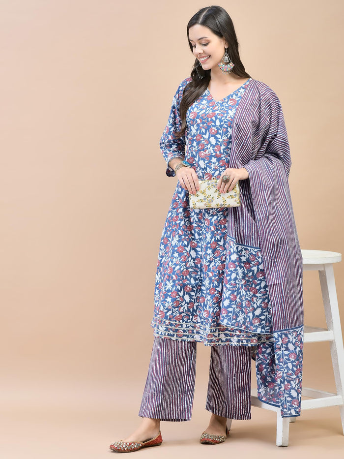 Women Poly Cotton Blue Floral Print Kurta Comfort Pant Dupatta.