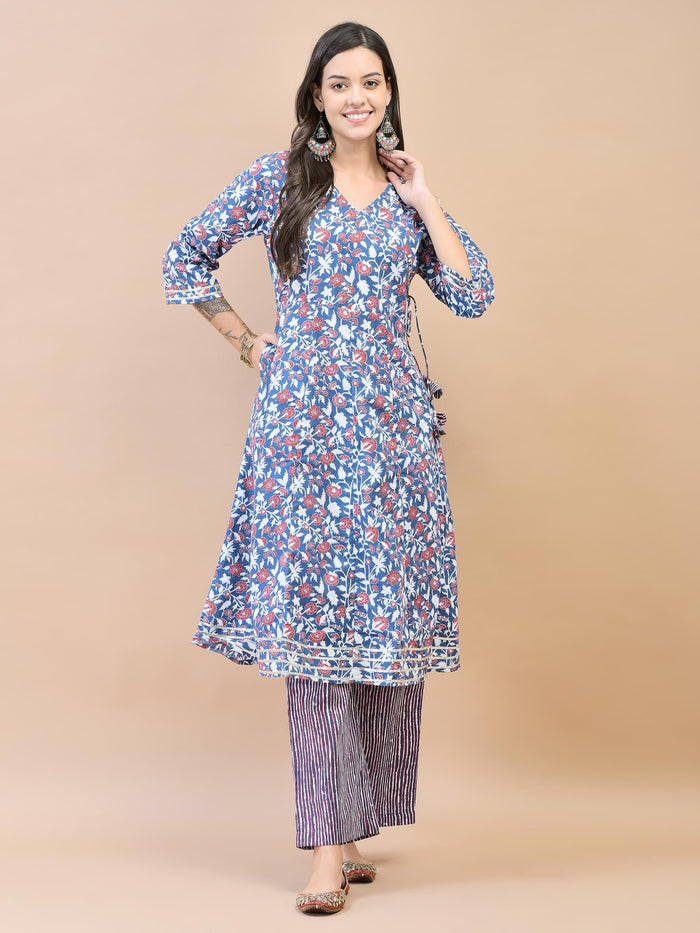 Women Poly Cotton Blue Floral Print Kurta Comfort Pant Dupatta.
