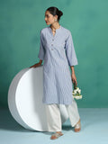 Women Poly Cotton Blue Yarn Dyed Kurta.