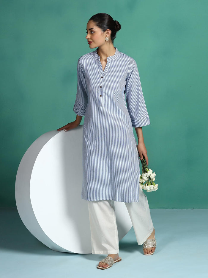 Women Poly Cotton Blue Yarn Dyed Kurta.