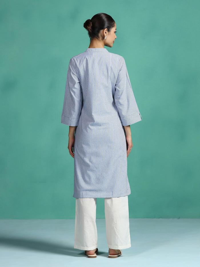 Women Poly Cotton Blue Yarn Dyed Kurta.