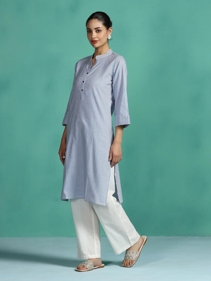 Women Poly Cotton Blue Yarn Dyed Kurta.