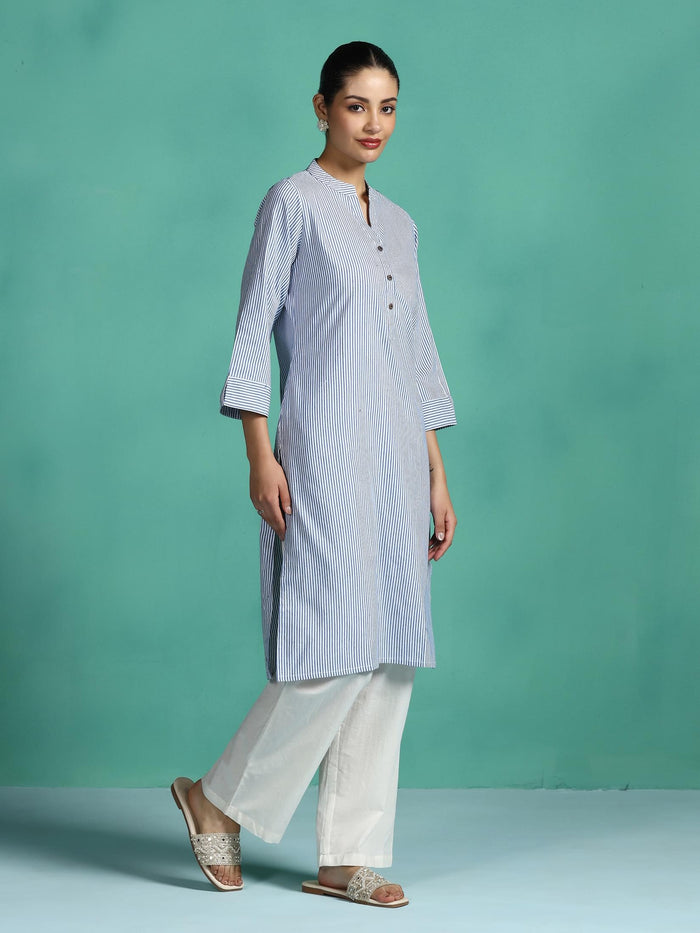 Women Poly Cotton Blue Yarn Dyed Kurta.