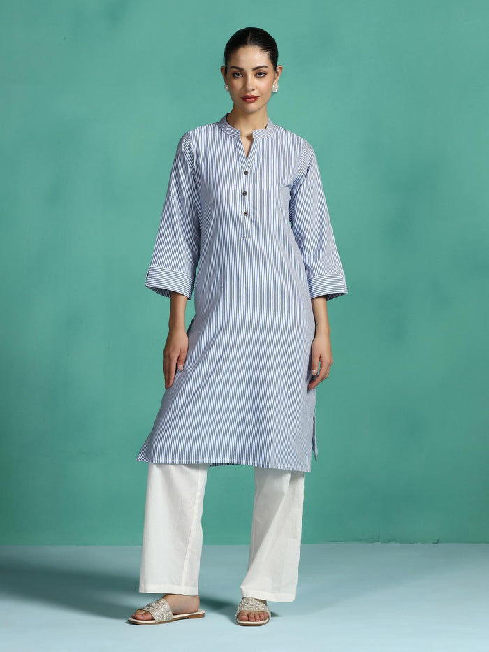 Women Poly Cotton Blue Yarn Dyed Kurta.