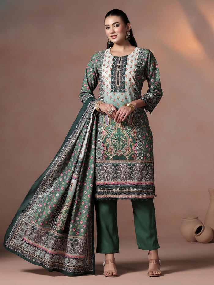 Women Poly Cotton Green Embroidered Kurta Comfort Pant Dupatta.