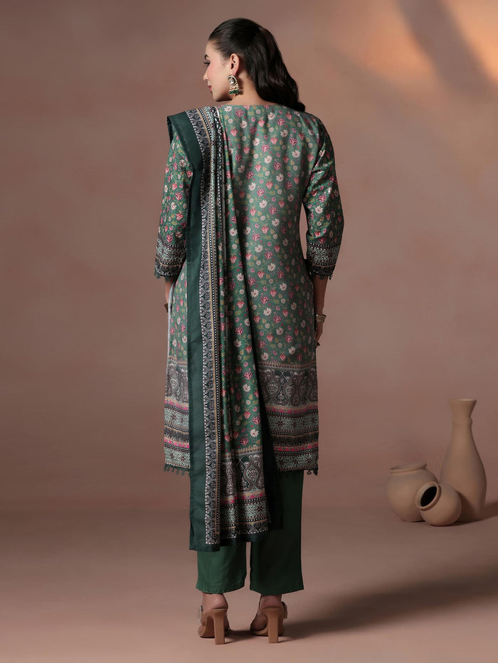 Women Poly Cotton Green Embroidered Kurta Comfort Pant Dupatta.