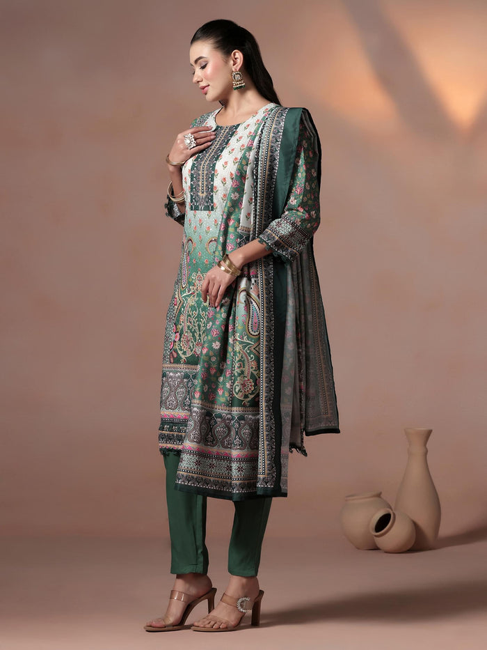 Women Poly Cotton Green Embroidered Kurta Comfort Pant Dupatta.