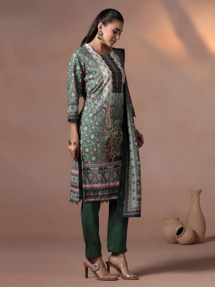 Women Poly Cotton Green Embroidered Kurta Comfort Pant Dupatta.