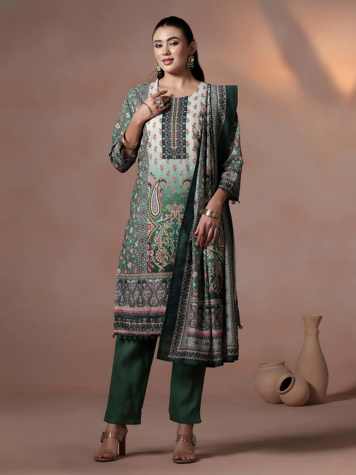 Women Poly Cotton Green Embroidered Kurta Comfort Pant Dupatta.
