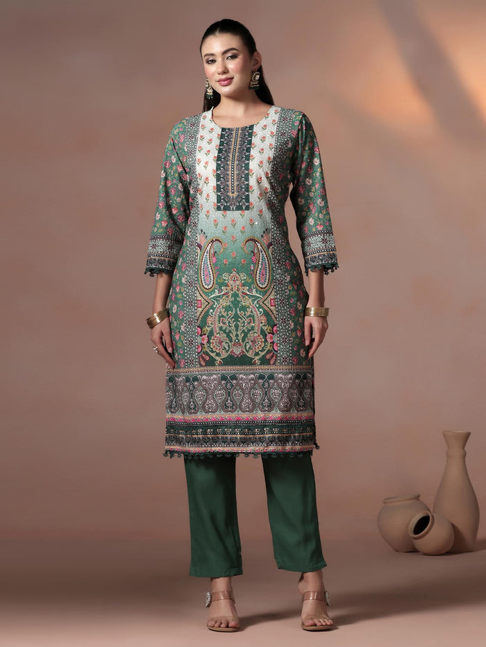 Women Poly Cotton Green Embroidered Kurta Comfort Pant Dupatta.