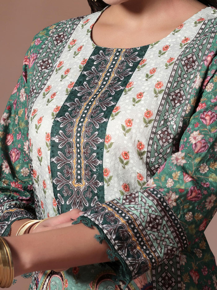 Women Poly Cotton Green Embroidered Kurta Comfort Pant Dupatta.