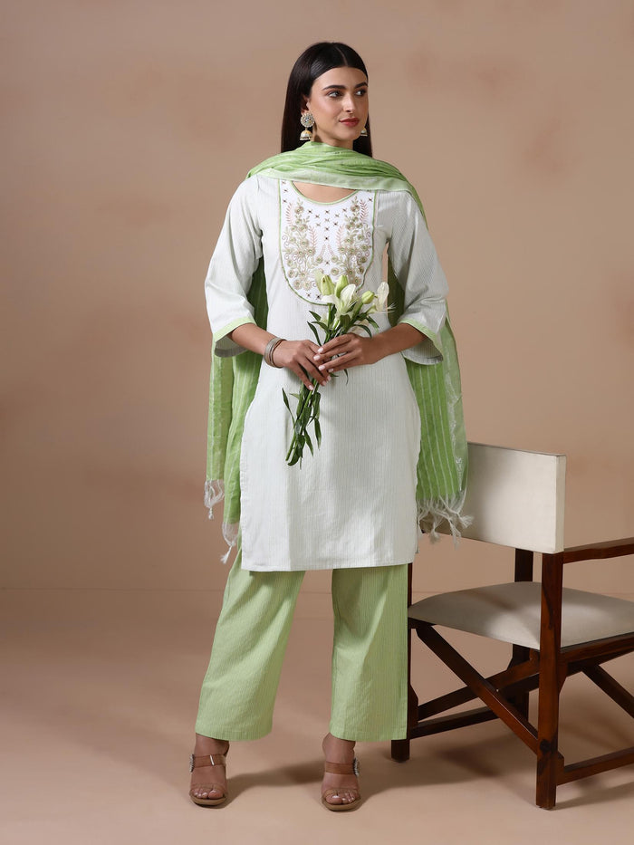 Women Poly Cotton Green Embroidered Yarn Dyed Kurta Comfort Pant Dupatta.